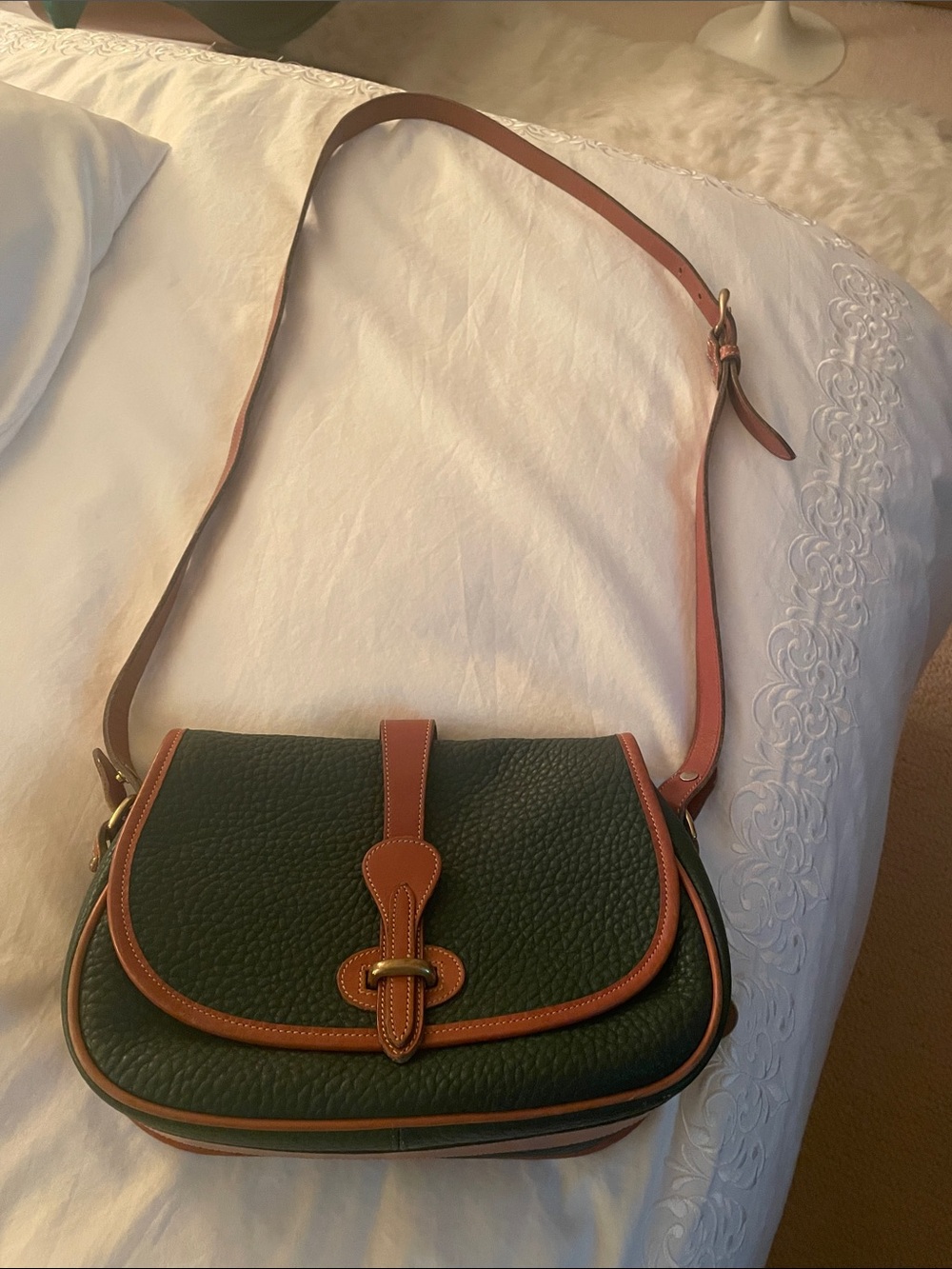 Dooney & Bourke Dark Green and Tan Pebbled Leather Crossbody Saddle Bag